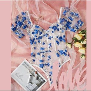 White and blue floral mesh  bodysuit